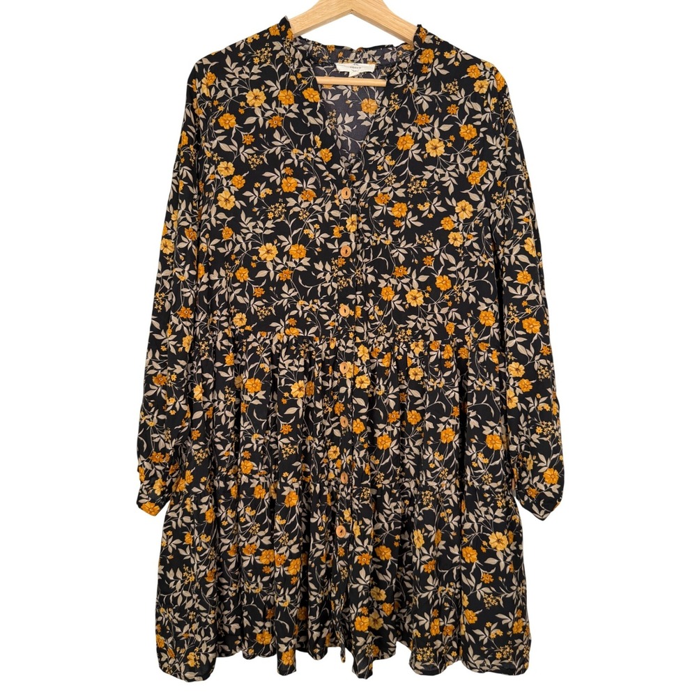 Entro Womens Black Yellow Floral Tiered Babydoll Dress D15241 Medium Long Sleeve